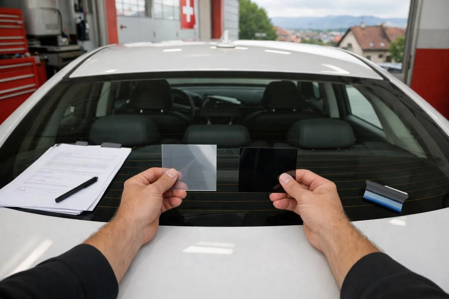 Close-up scene showing a professional installer's hands carefully comparing two automotive window film samples side-by-side on a modern car's rear window in a Swiss workshop setting, with one sample being metallic-looking and the other ceramic, visible ECE R43 certification stickers on documentation placed on the car hood, natural workshop lighting, realistic automotive industry scene in Lausanne region, no text or labels visible