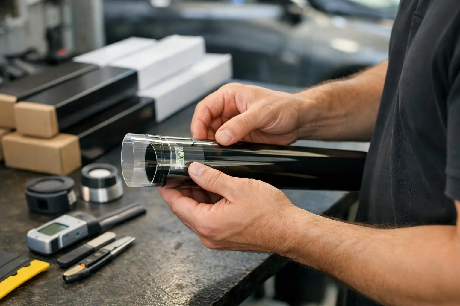 Professional technician examining authentic window tint film packaging and serial number verification in Swiss automotive workshop, with quality control tools and genuine product boxes visible on workbench, natural lighting highlighting transparency and trust in Vaud region service