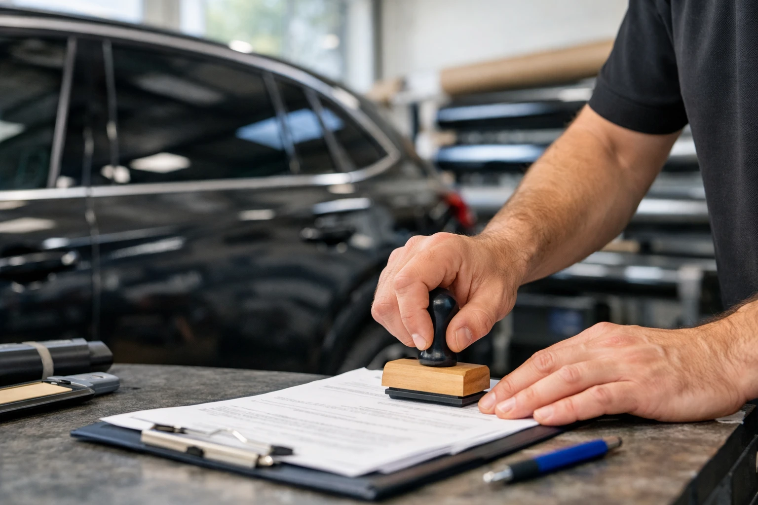 Close-up of a technician's hands applying a warranty certificate stamp on paperwork next to a modern vehicle with freshly installed tinted windows in a professional workshop in Lausanne, with LLumar film rolls visible in the background, natural lighting highlighting the quality service