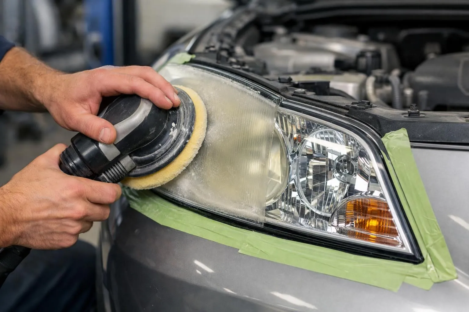 Close-up of automotive technician's hands restoring yellowed car headlight with polishing compound and buffer tool in professional garage workshop, showing before and after comparison on vehicle front