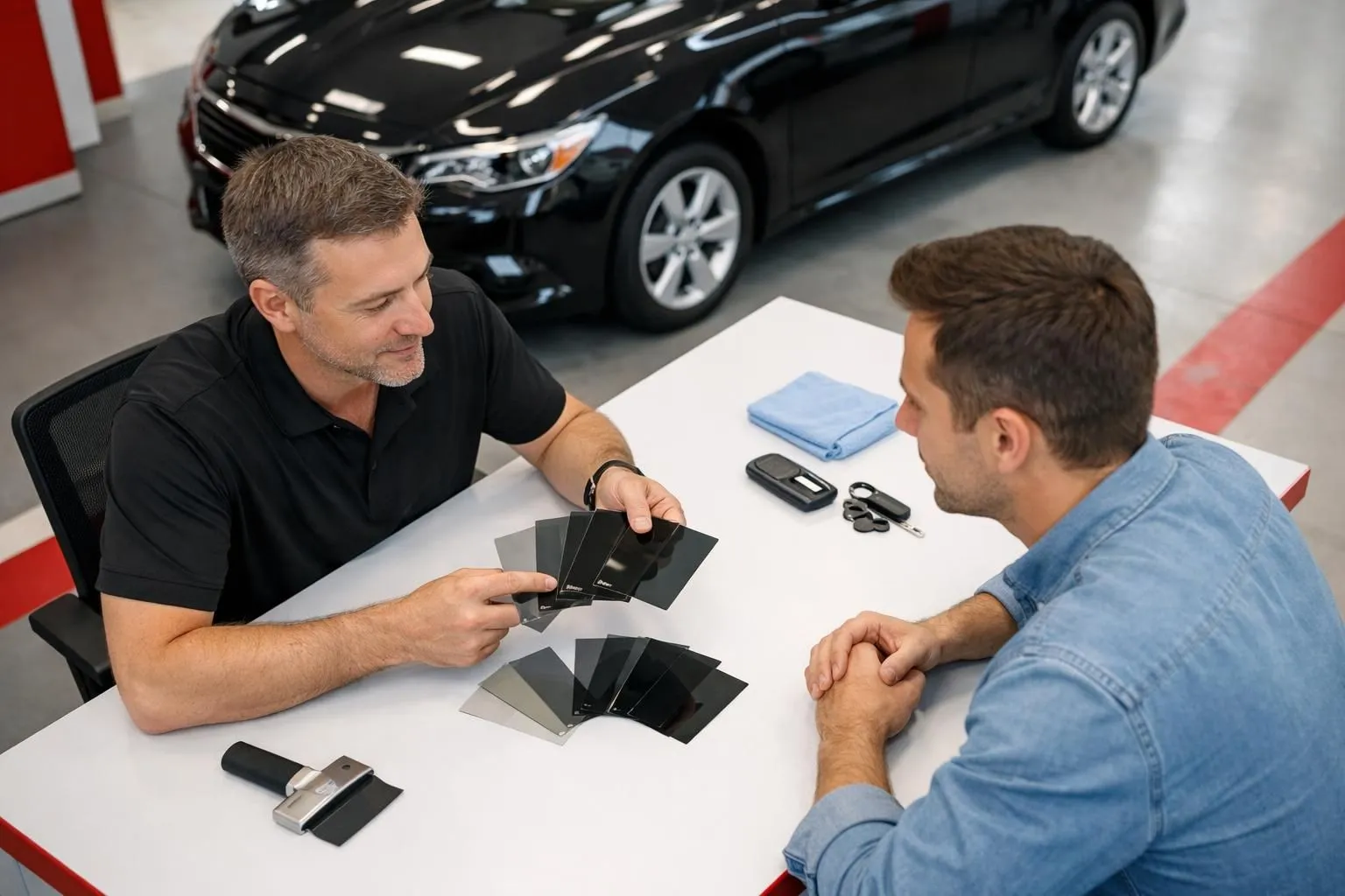 Professional automotive consultant showing different window film samples to a vehicle owner in a modern Tech Car service center in Lausanne, with a black sedan visible in the background, natural lighting highlighting film materials on a consultation desk