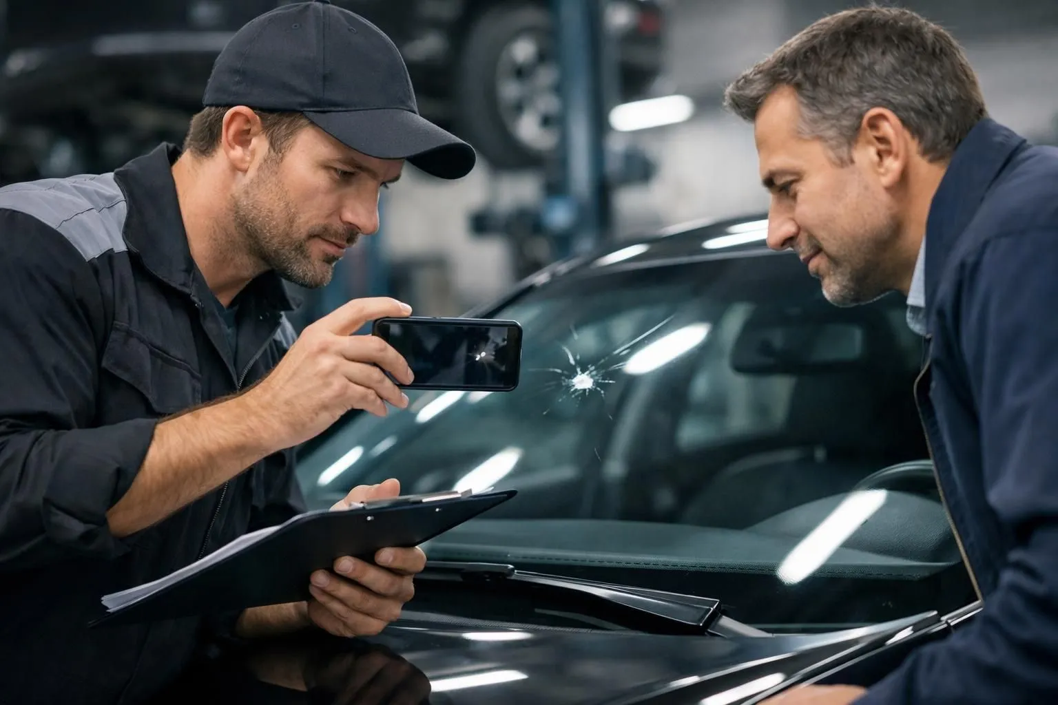 Close-up of automotive technician documenting windshield damage with smartphone camera and clipboard in professional garage setting, showing customer service interaction and detailed inspection process