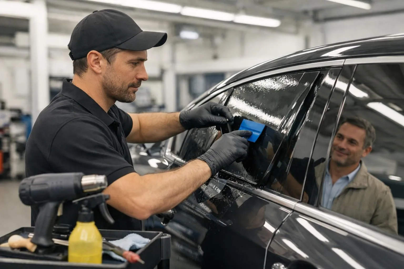 Professional automotive technician applying window tint film to a modern car in a well-lit service bay in Lausanne, showing precision equipment and quality workspace environment, customer observing the process with satisfaction