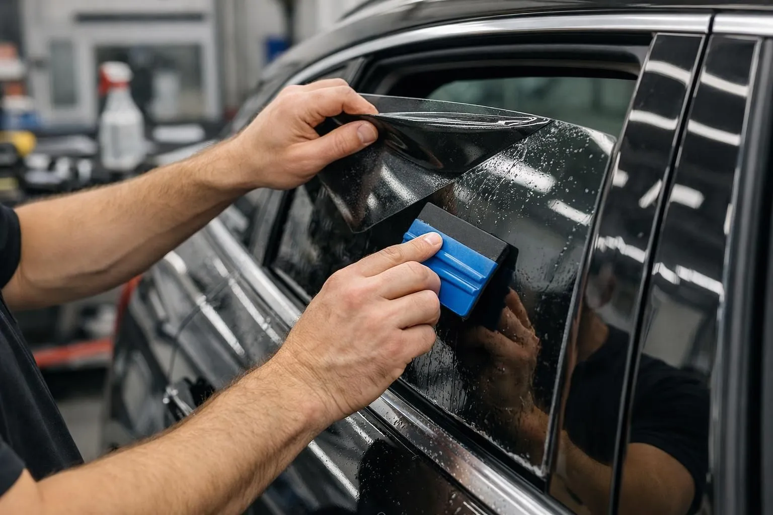 Professional automotive technician carefully applying dark window tint film to car side window in clean modern Swiss garage workshop, showing precision installation process with tools and quality materials visible