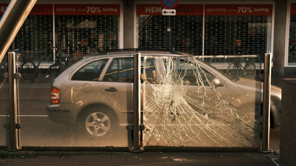 "Voiture grise 5 portes à côté d'un bâtiment, protégez-la avec un film anti-effraction pour voiture à prix abordable."