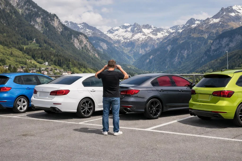 "Voitures suisses avec films teintés variés, testés pour leur qualité et leur efficacité, en montagne."