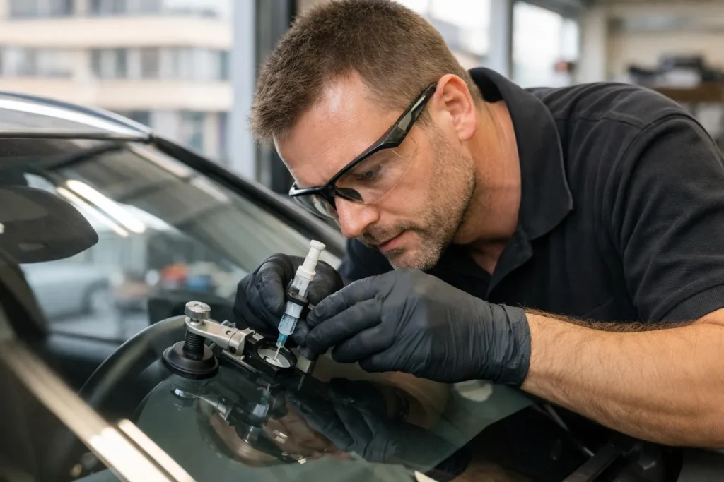 Réparation de fissure de pare-brise à Lausanne, technicien au travail