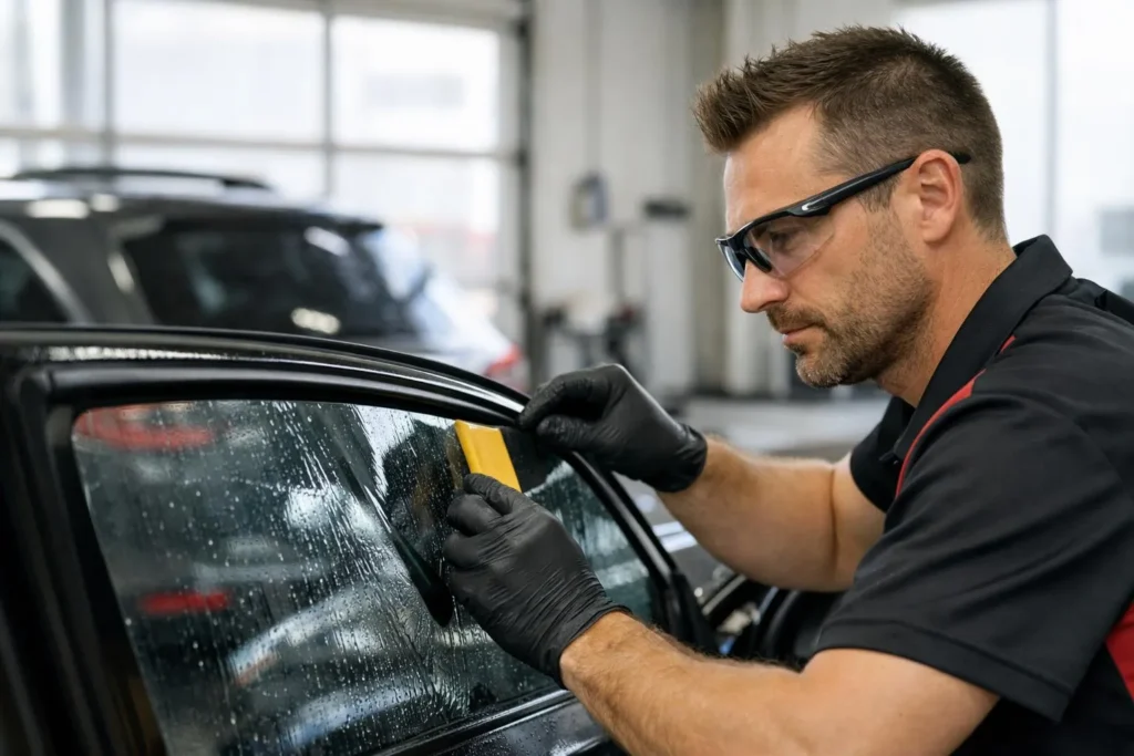 "Technicien appliquant film solaire sur vitrage auto à Lausanne"