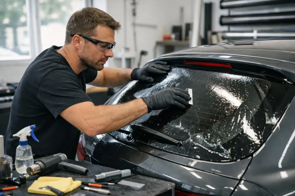 Teinter vitres voiture, professionnel applique film teinté sur lunette arrière.