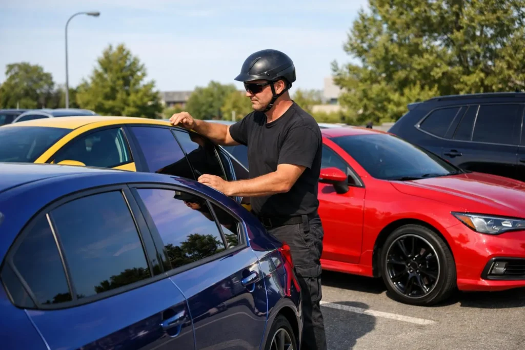 "Quatre voitures avec films teintés différents, expert en inspection, parking ensoleillé"