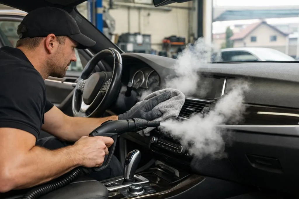 Nettoyage intérieur voiture à la vapeur à Lausanne, entretien écologique d'un véhicule avec un professionnel.