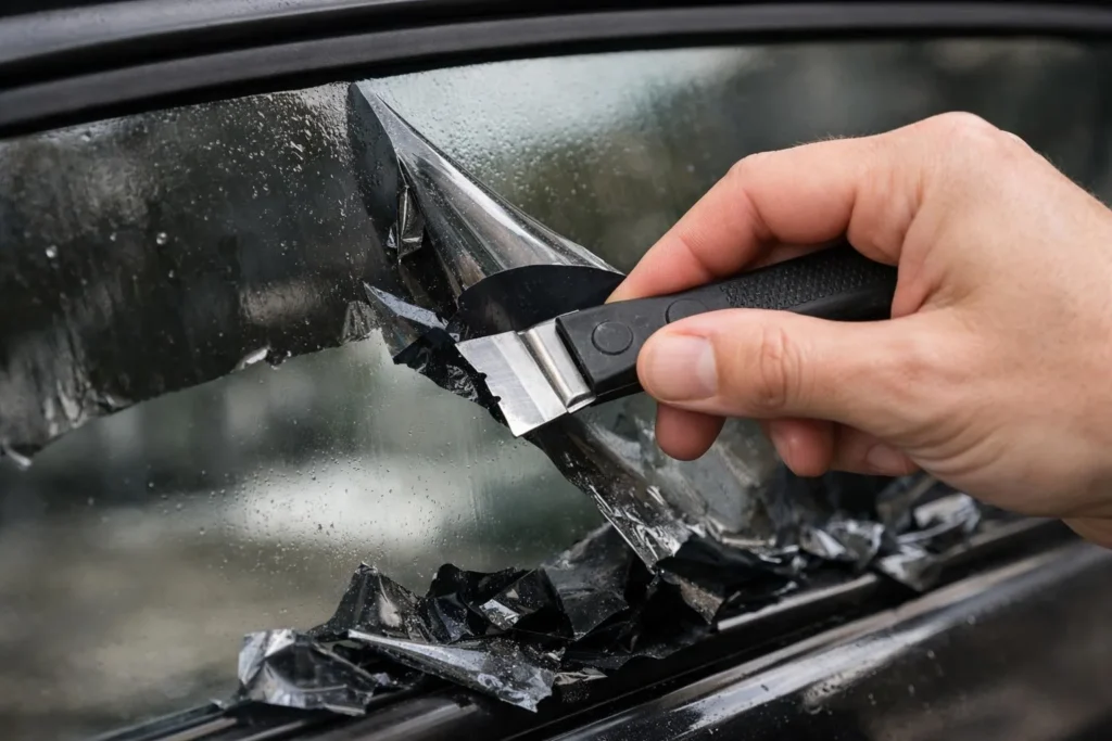 "démontage de vitres teintées voiture, processus de décollage de pellicule, outil de grattage"
