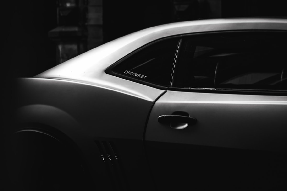A shiny chevrolet camaro in black and white.