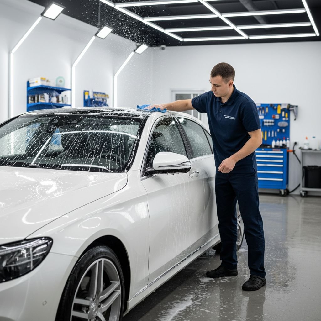 Un professionnel effectuant un lavage à la main sur une voiture blanche dans un garage bien éclairé.
