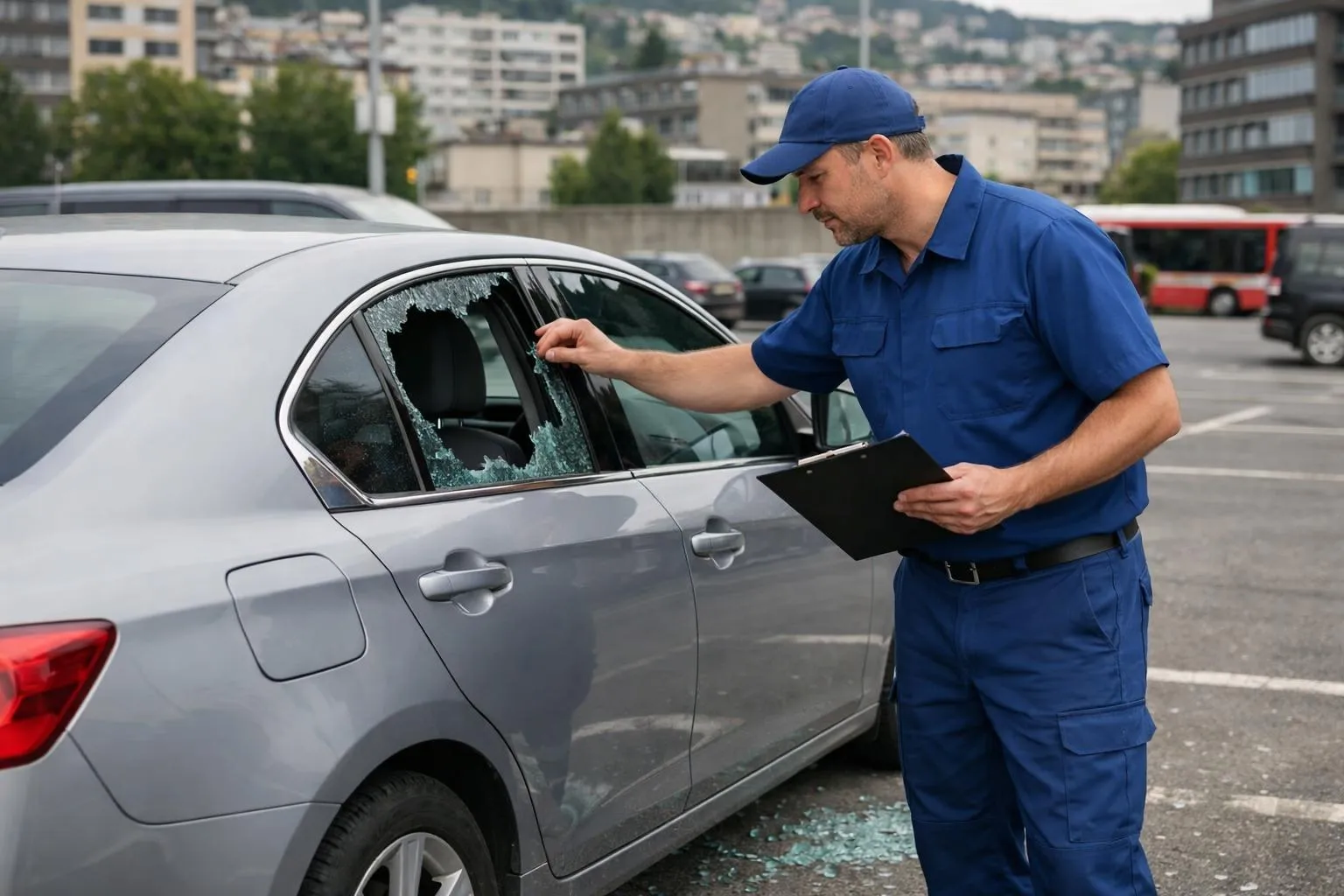 Professional technician in blue uniform inspecting shattered side window glass on parked sedan in urban Lausanne parking lot, holding clipboard for documentation, broken glass visible on ground, Swiss license plate visible, realistic automotive service scene