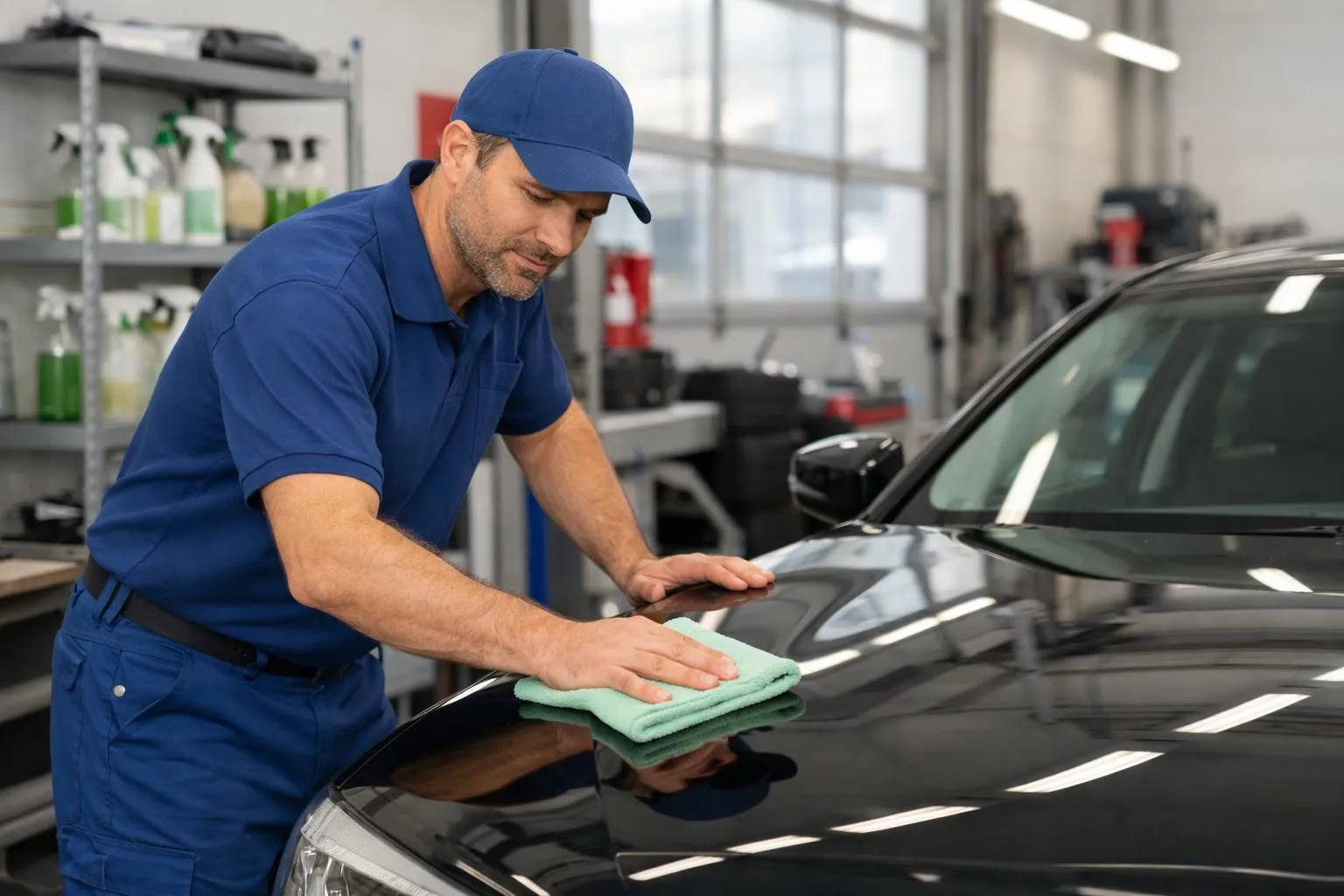 Un professionnel du détail en uniforme bleu polit méticuleusement le capot d'une berline avec un chiffon en microfibre dans un atelier automobile suisse bien éclairé, des produits de nettoyage écologiques sont visibles sur les étagères.
