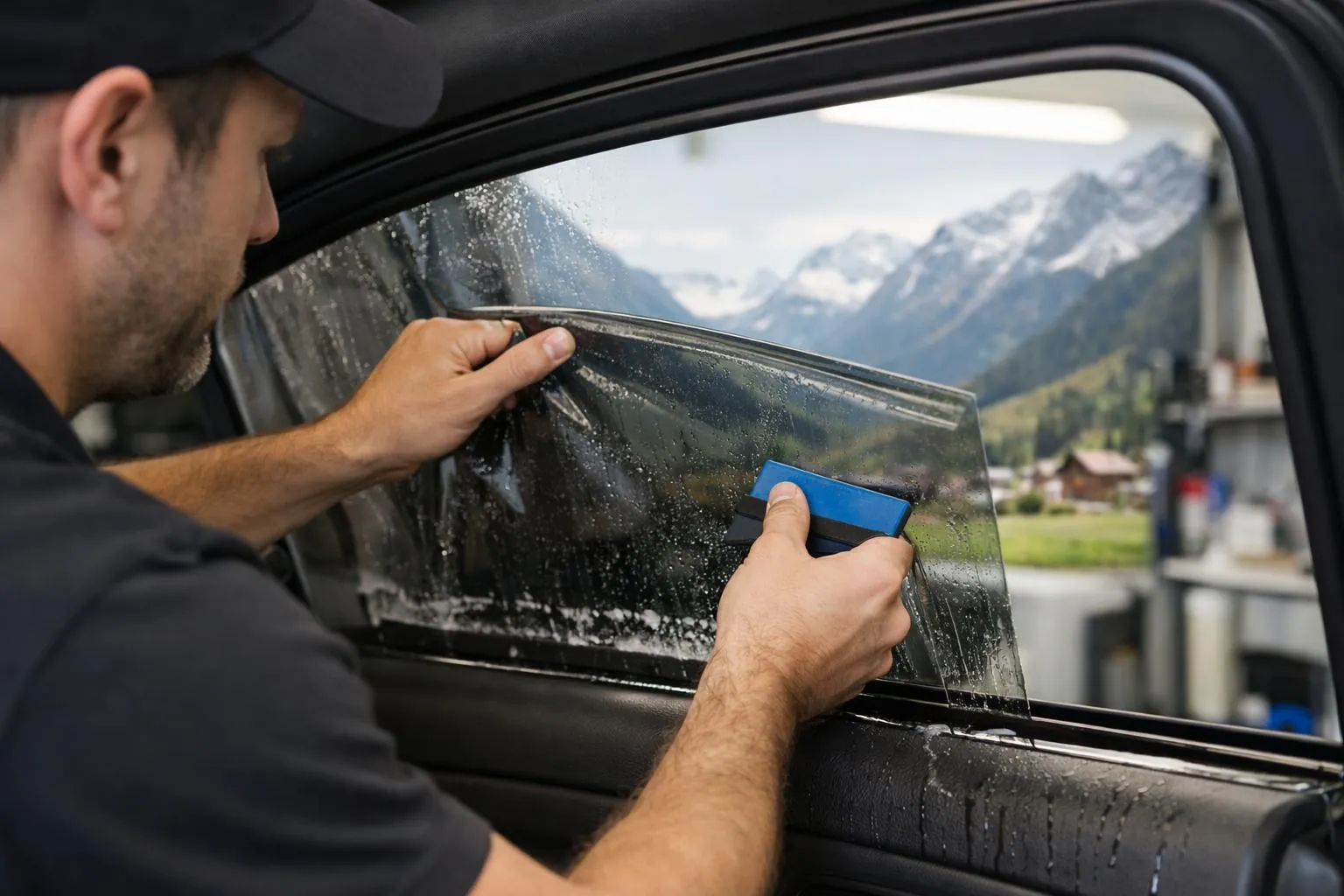 Close-up view of a professional installer applying high-quality ceramic window tint film to a modern car window in a Swiss workshop setting, with Alpine mountain landscape visible through the window, showing UV protection and heat reduction benefits for vehicles in Switzerland, natural lighting, realistic automotive detailing scene