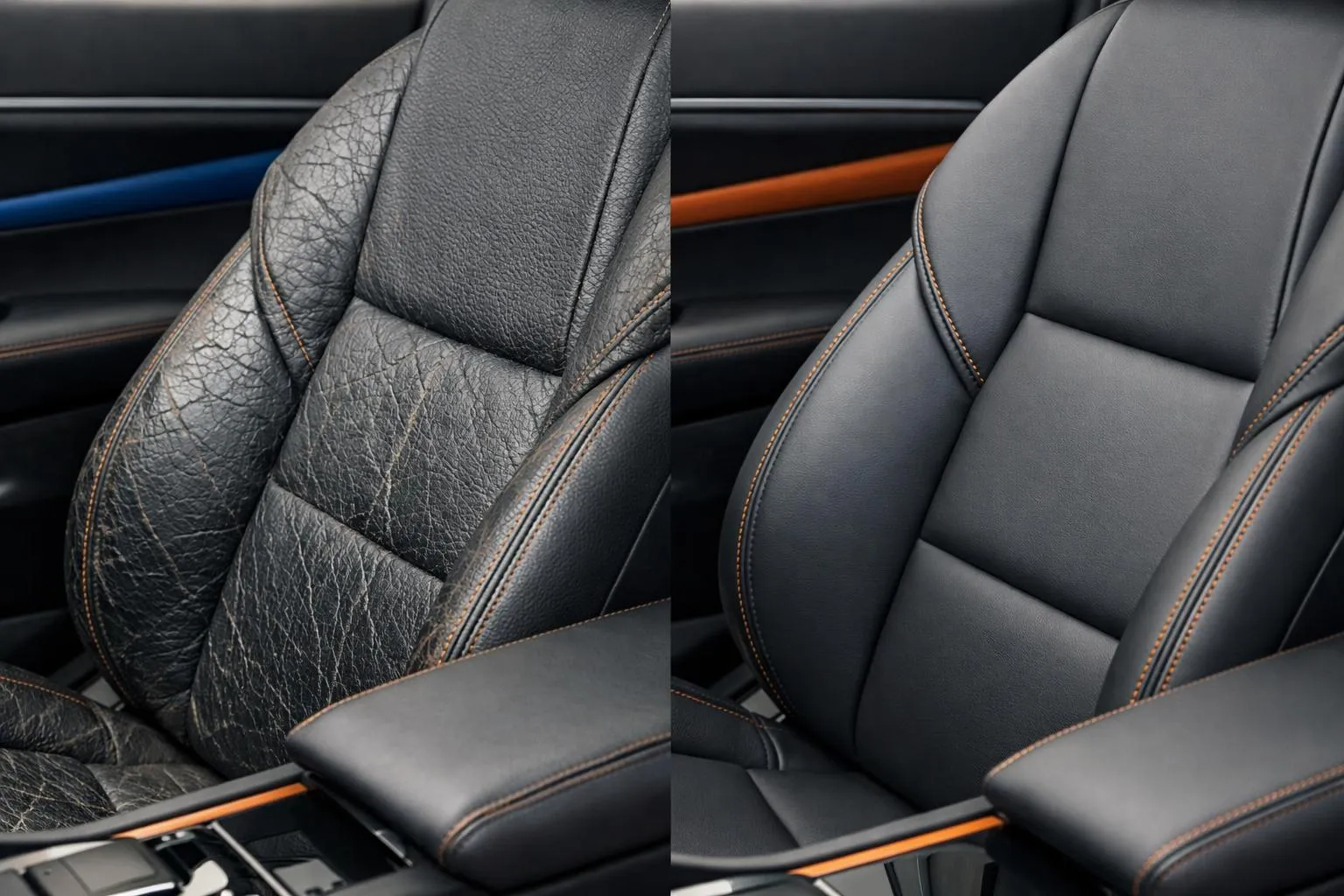 Split-screen comparison of luxury car leather seats: left side showing cracked, faded, and worn leather with visible damage, right side displaying pristine, conditioned leather with rich color and smooth texture in a Swiss premium vehicle interior