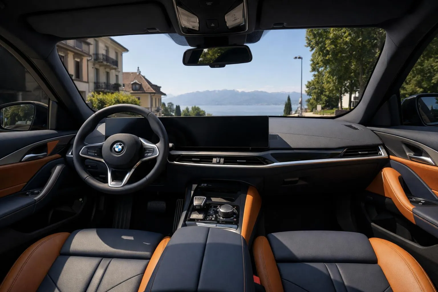 Modern BMW sedan interior photographed from driver's seat showing dark ceramic tinted windows blocking intense sunlight, comfortable leather seats protected from UV damage, dashboard with no glare, parked on sunny Lausanne street with Lake Geneva visible through windshield, professional automotive detailing quality