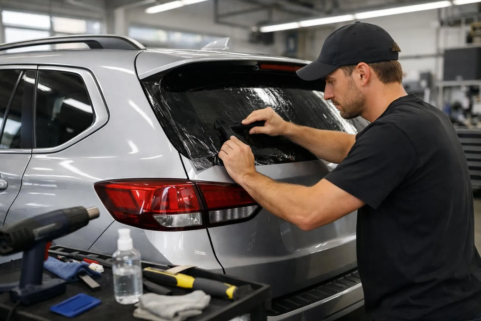 Professional technician carefully applying dark tinting film to rear window of silver SUV in modern automotive workshop with specialized tools visible on workbench, natural lighting showing precision work
