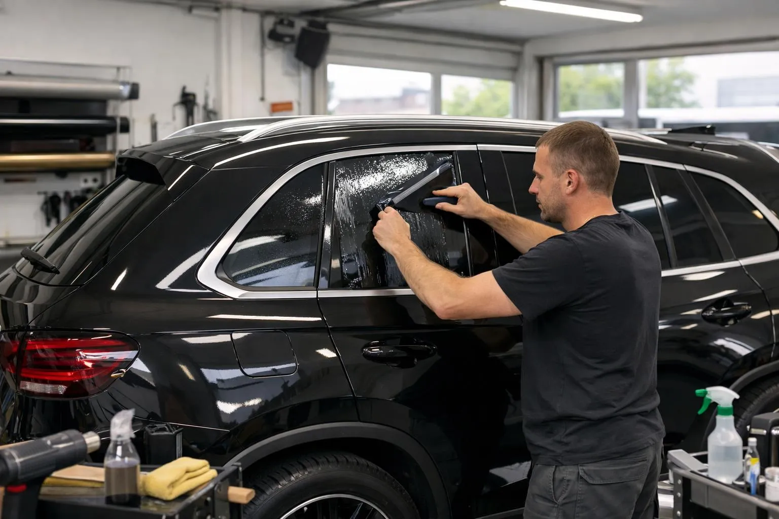Intérieur luxueux d'un véhicule haut de gamme garé dans un atelier professionnel à Lausanne, vitres teintées avec film solaire visible par transparence, technicien en arrière-plan appliquant précisément le film sur une vitre latérale, équipement professionnel et lumière naturelle révélant la qualité de finition