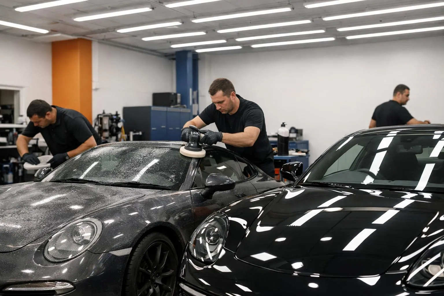 Split composition showing three stages of car paint correction on black sedan hood in Lausanne detailing shop, left third shows contaminated paint with water spots, middle third displays polishing compound being applied by machine, right third reveals mirror-finish corrected surface reflecting workshop lights
