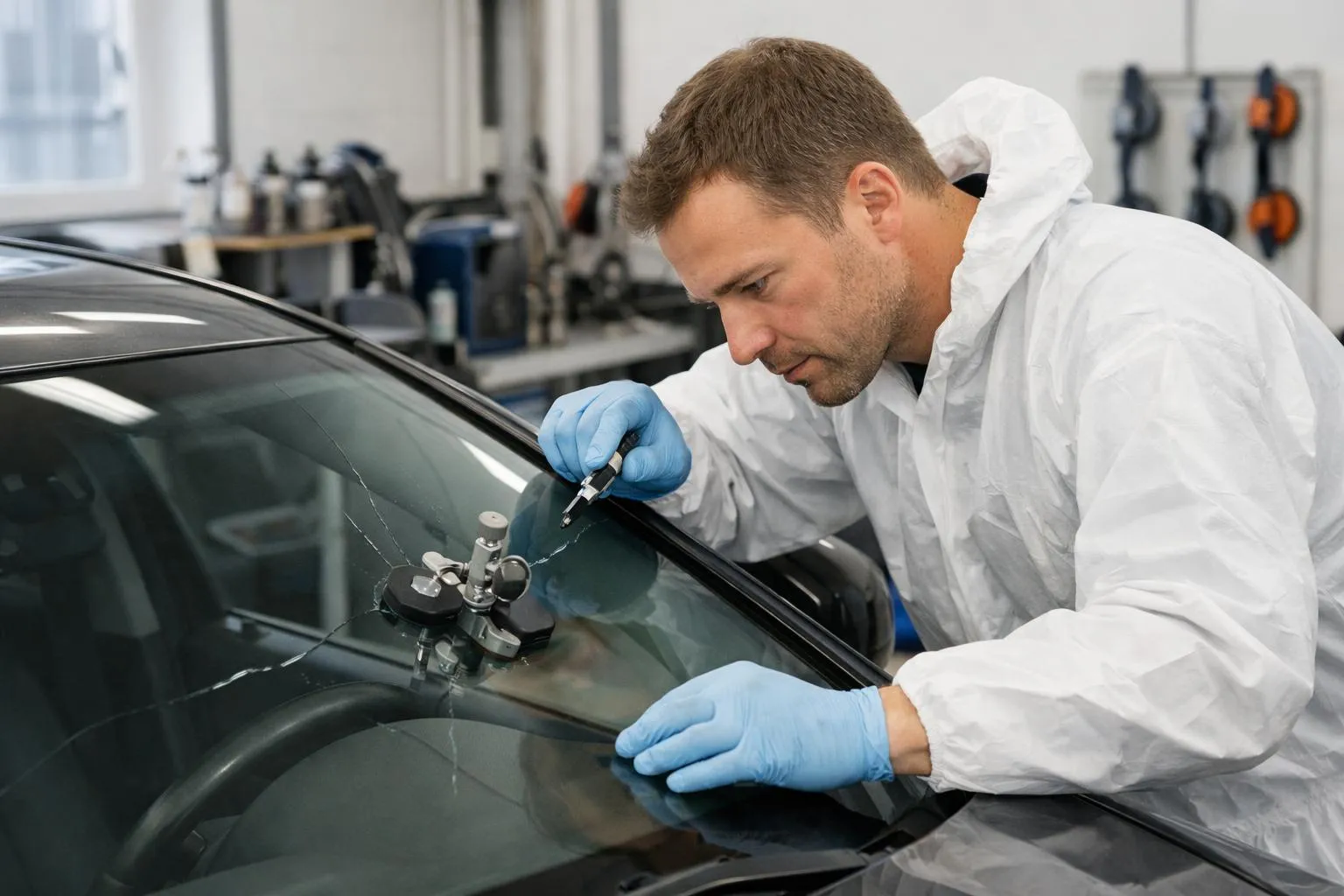 Technicien professionnel en combinaison inspectant méthodiquement un pare-brise fissuré sur un véhicule moderne dans un atelier lumineux équipé d'outils spécialisés pour la réparation de vitrages automobiles, ambiance de travail soignée et professionnelle