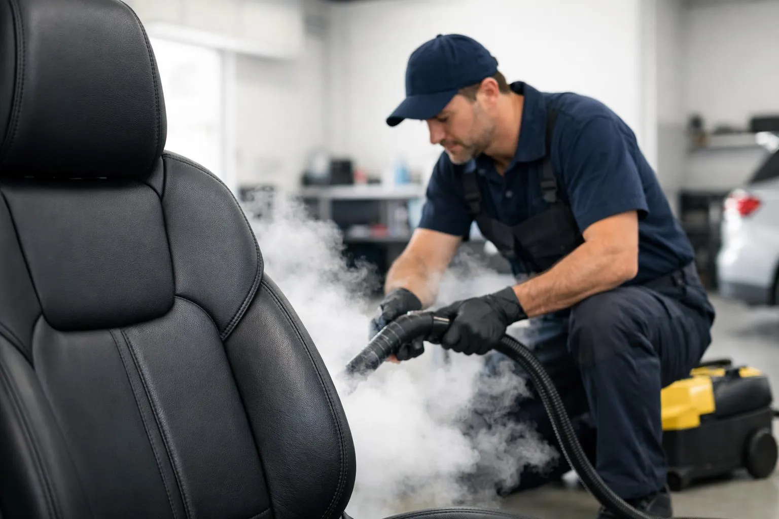Technicien professionnel en uniforme utilisant un nettoyeur vapeur moderne sur l'intérieur d'un habitacle de voiture de luxe, avec de la vapeur visible s'échappant de l'appareil, siège en cuir au premier plan, environnement de garage propre et lumineux