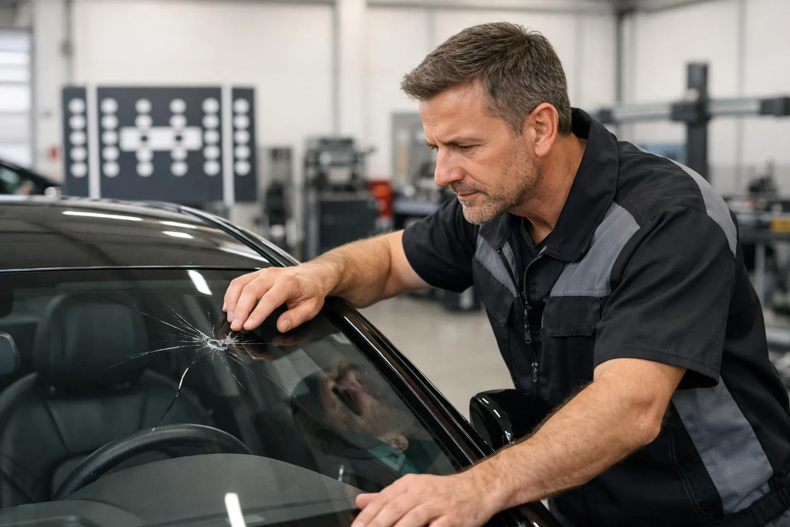 Mécanicien automobile examinant un pare-brise fissuré dans un atelier.