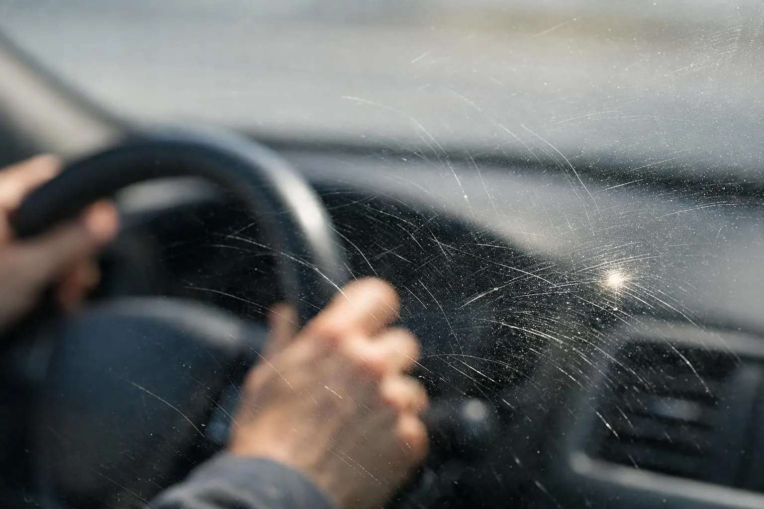 Volant de voiture avec pare-brise endommagé par des impacts.