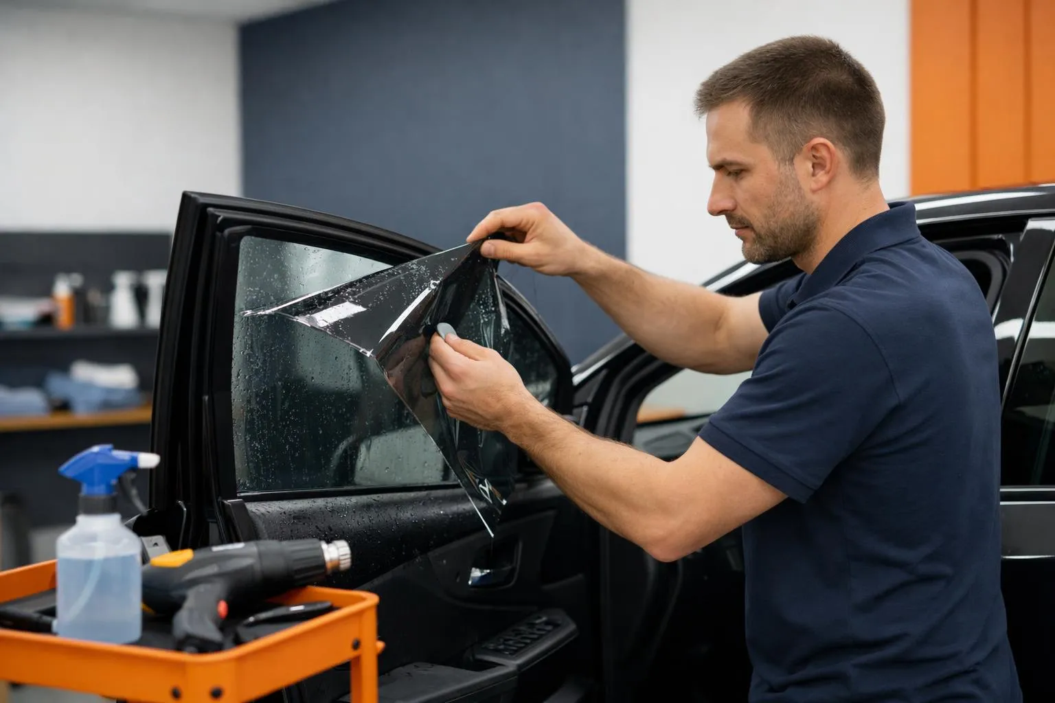 Homme appliquant un film de protection sur la fenêtre d'une voiture.