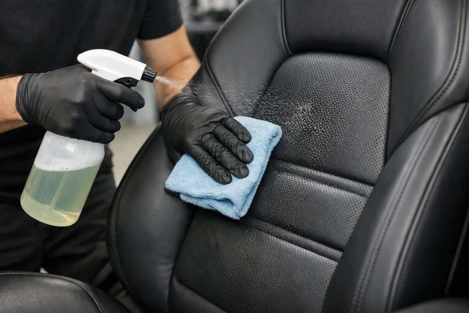 Nettoyage d'un siège de voiture en cuir noir avec un produit de nettoyage.