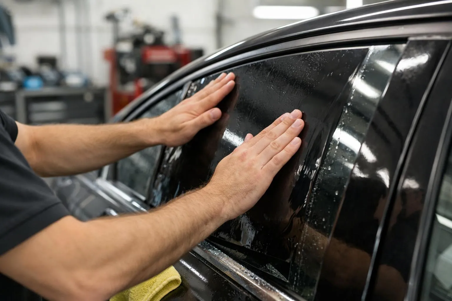 Mains d'un mécanicien nettoyant la carrosserie d'une voiture.