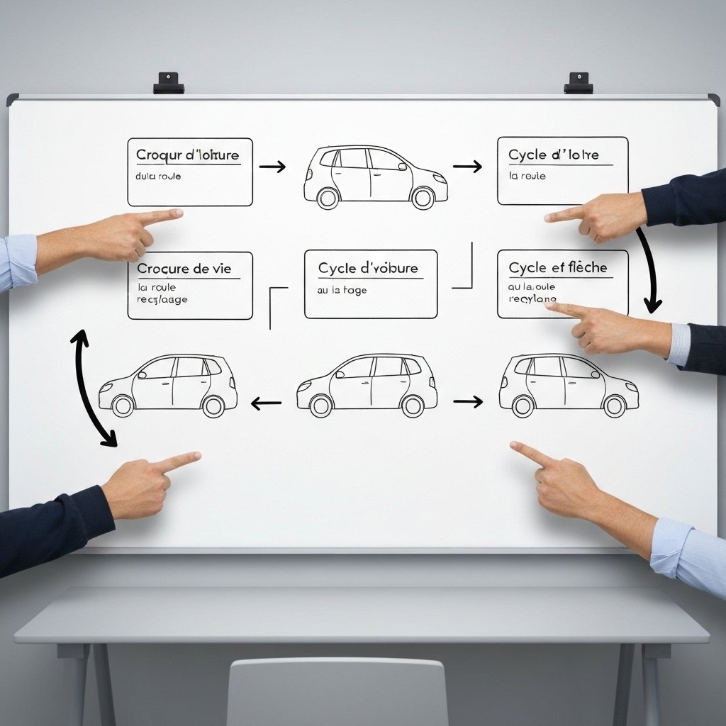 Un schéma détaillé du cycle de vie d'une voiture, de l'utilisation au recyclage.