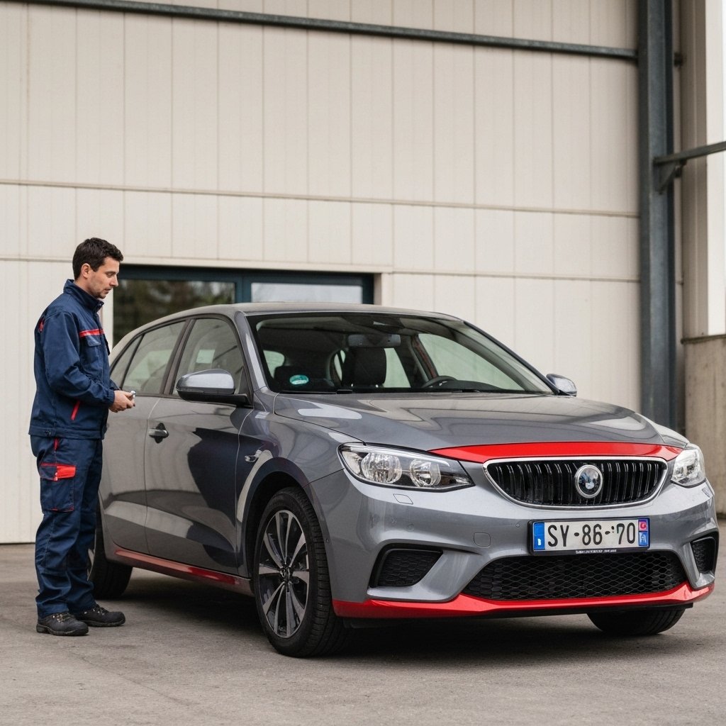 Une voiture rouillée évaluée par un professionnel dans un centre de recyclage près de Lausanne.