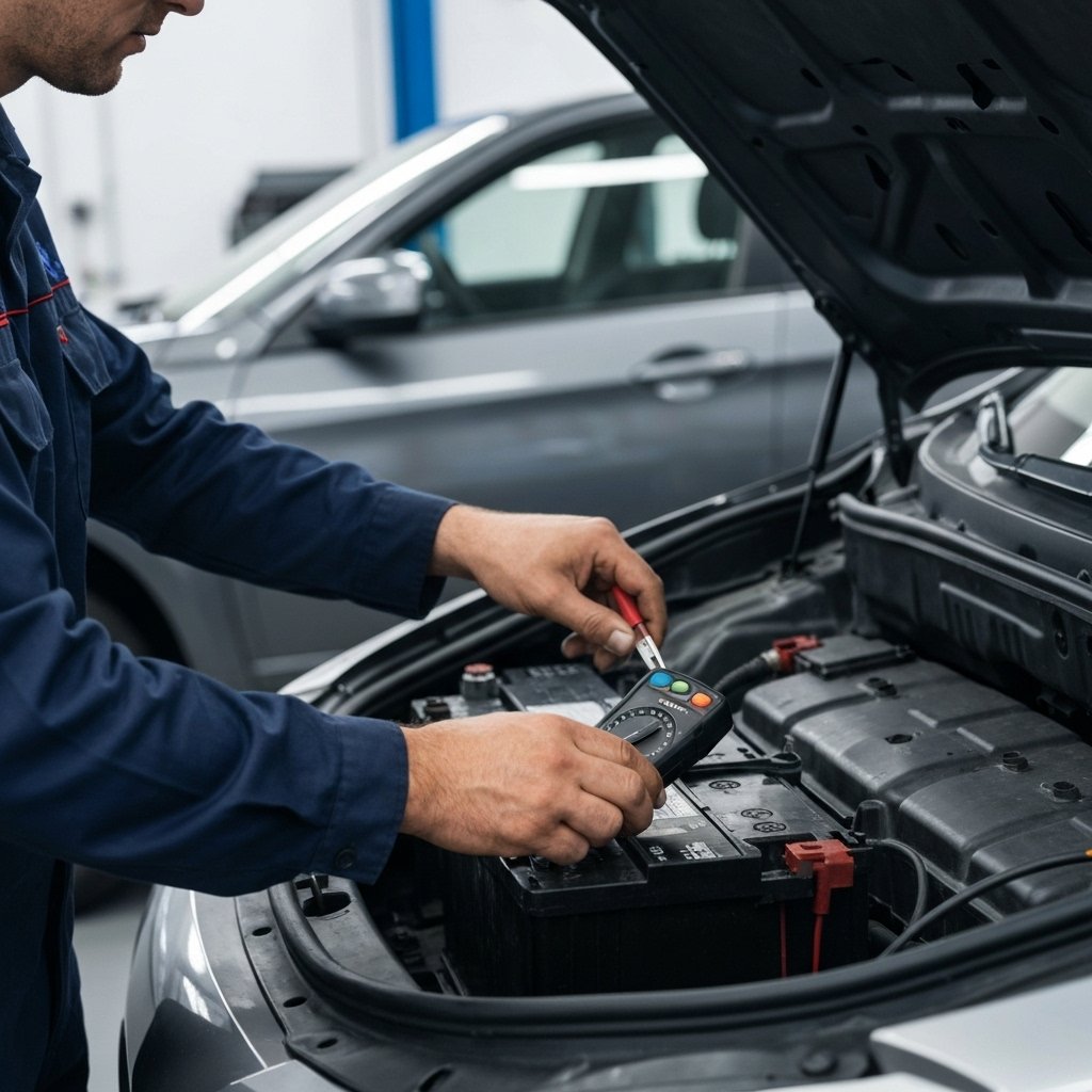 Technicien vérifiant la tension de la batterie de voiture avec un multimètre.