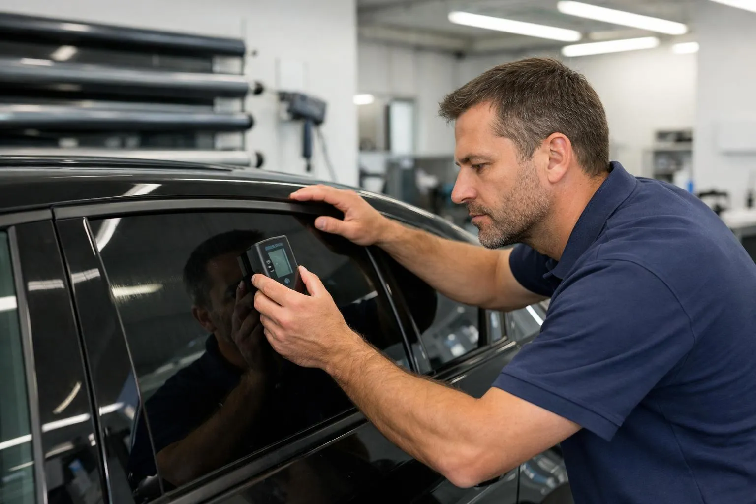 Professional automotive technician carefully inspecting car window tint film with precision measuring tool in a bright modern workshop, showing quality control process with visible tinting equipment and clean workspace in Lausanne Switzerland setting