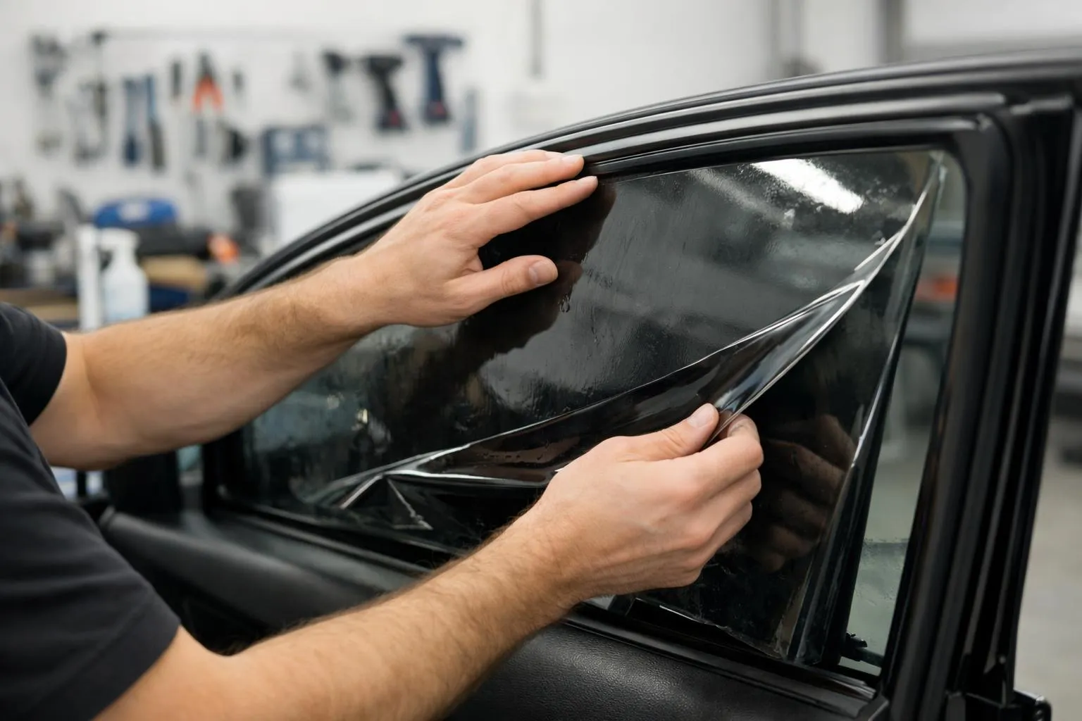 Technicien portant des gants professionnels appliquant soigneusement un film solaire teinté sur la vitre latérale d'une berline moderne dans un atelier automobile lumineux et équipé, avec des outils de pose visibles en arrière-plan et une attention particulière aux détails de finition