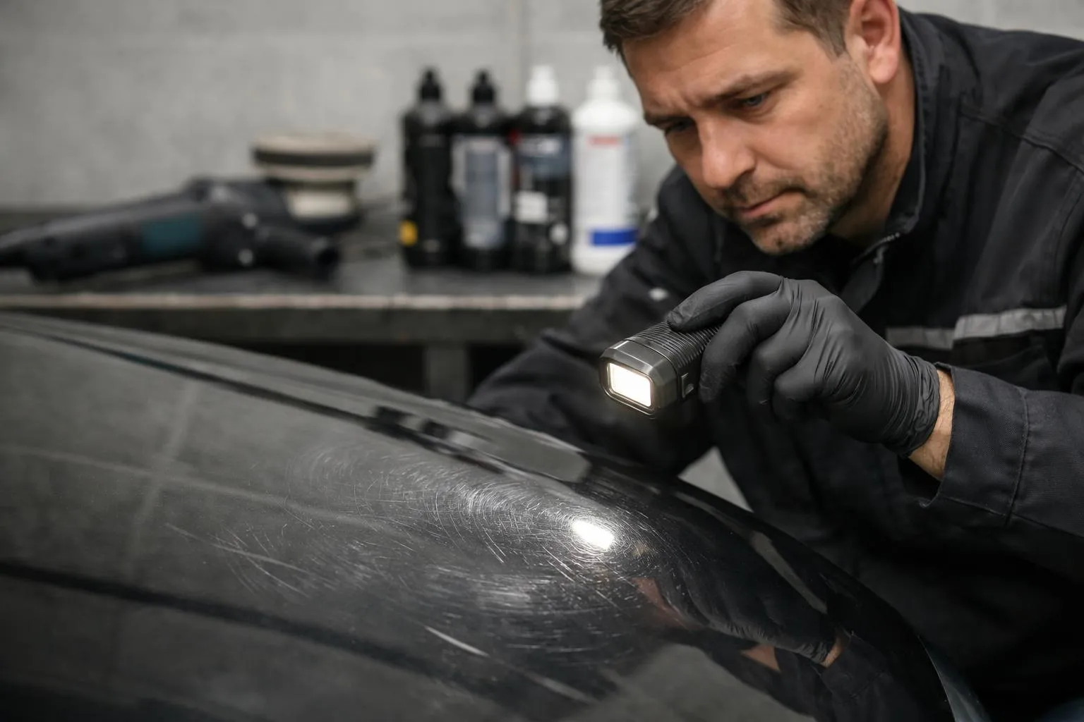 Professional car detailer in workshop examining paint surface defects with LED inspection light, close-up of swirl marks and scratches visible on dark metallic car hood, polishing machine and compound bottles on workbench in background, focused lighting revealing paint imperfections