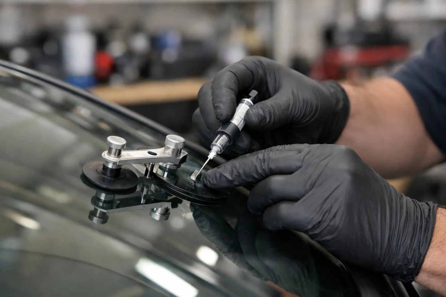 Professionnel portant des gants appliquant avec précision une résine transparente sur un éclat de pare-brise automobile dans un atelier lumineux équipé d'outils spécialisés de réparation de vitrage