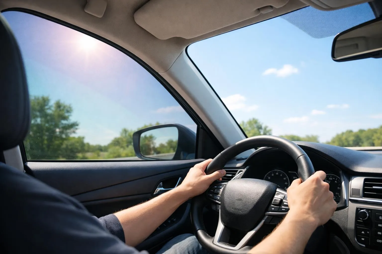 Interior view of a modern car showing dashboard and windshield with visible tinted windows reflecting sunlight, driver's hands on steering wheel, bright sunny day outside with blue sky, focus on the UV protection and thermal comfort aspect of automotive window tinting, professional quality photograph, realistic lighting showing temperature difference