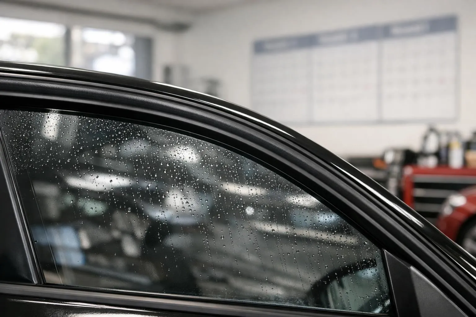 Fenêtre de voiture avec gouttes de pluie.