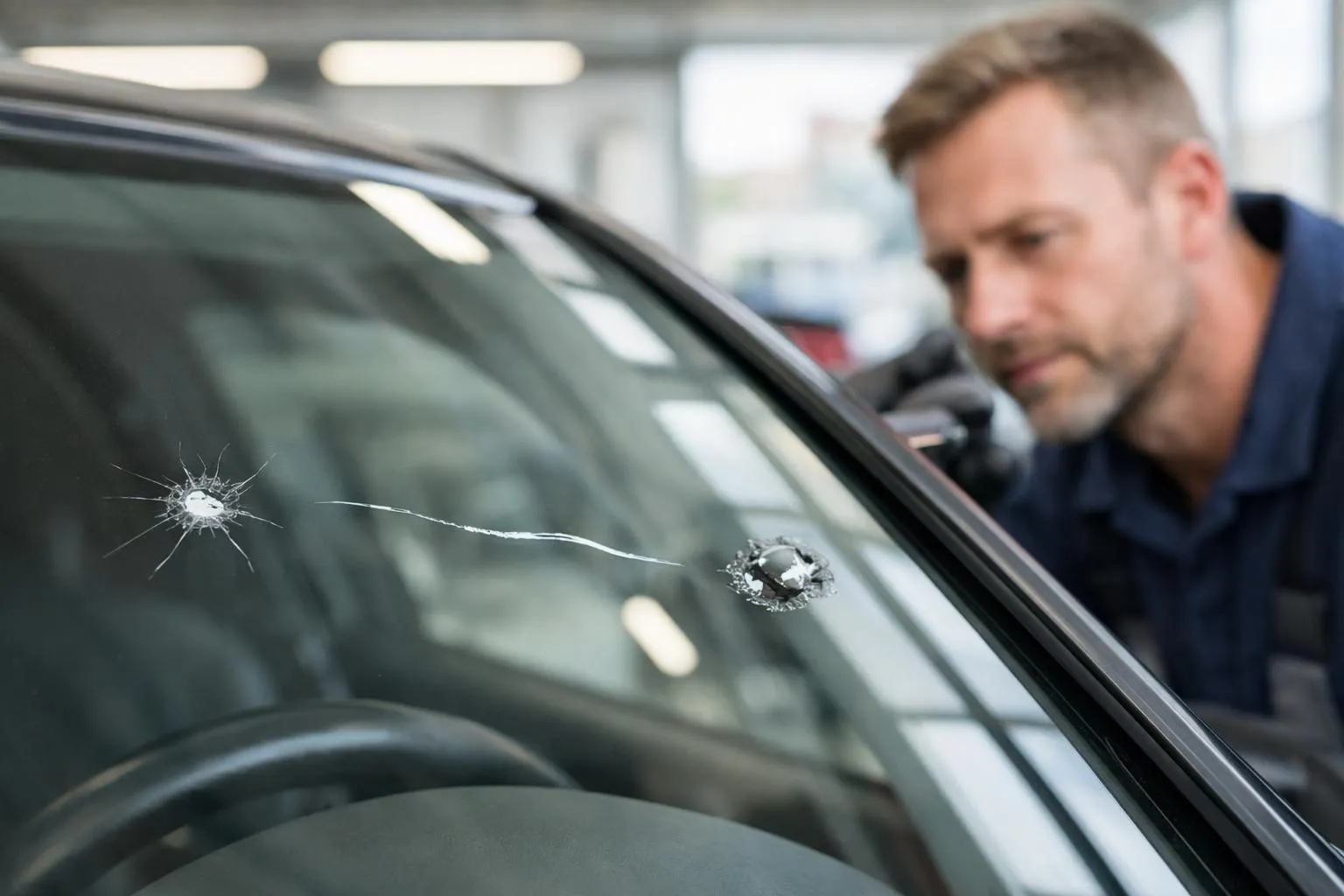 Gros plan professionnel sur un pare-brise de voiture moderne montrant différents types d'impacts: étoile, fissure linéaire, et impact en œil de bœuf, avec un technicien en arrière-plan inspectant les dégâts dans un atelier automobile lumineux à Lausanne, Suisse