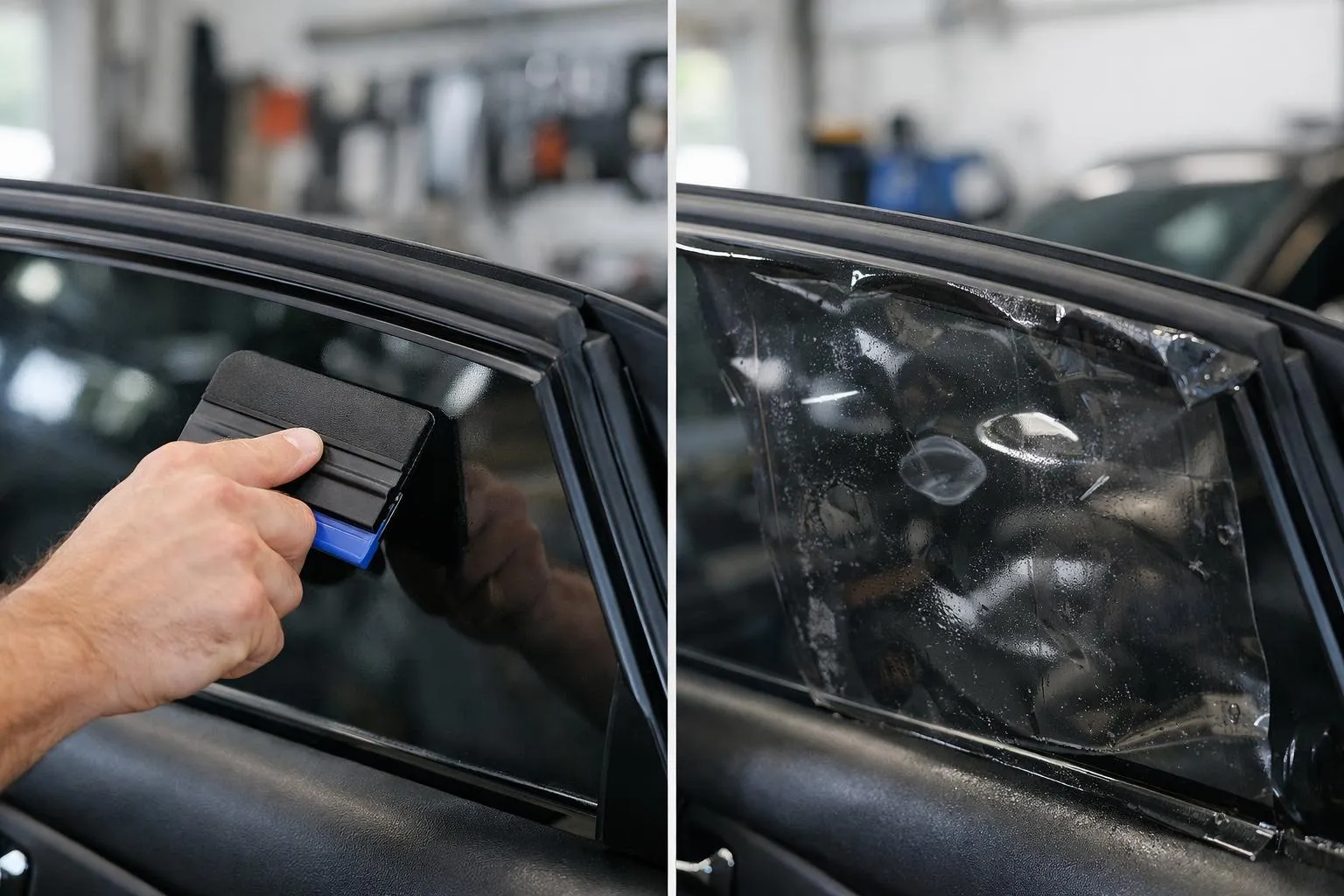 Close-up comparison shot showing professional hand applying high-quality solar film on car window glass with precise squeegee technique and perfect bubble-free finish versus poorly installed film with visible air pockets and lifting edges, automotive workshop setting in Lausanne with professional tools and equipment visible, natural daylight emphasizing quality difference between premium and low-grade installations