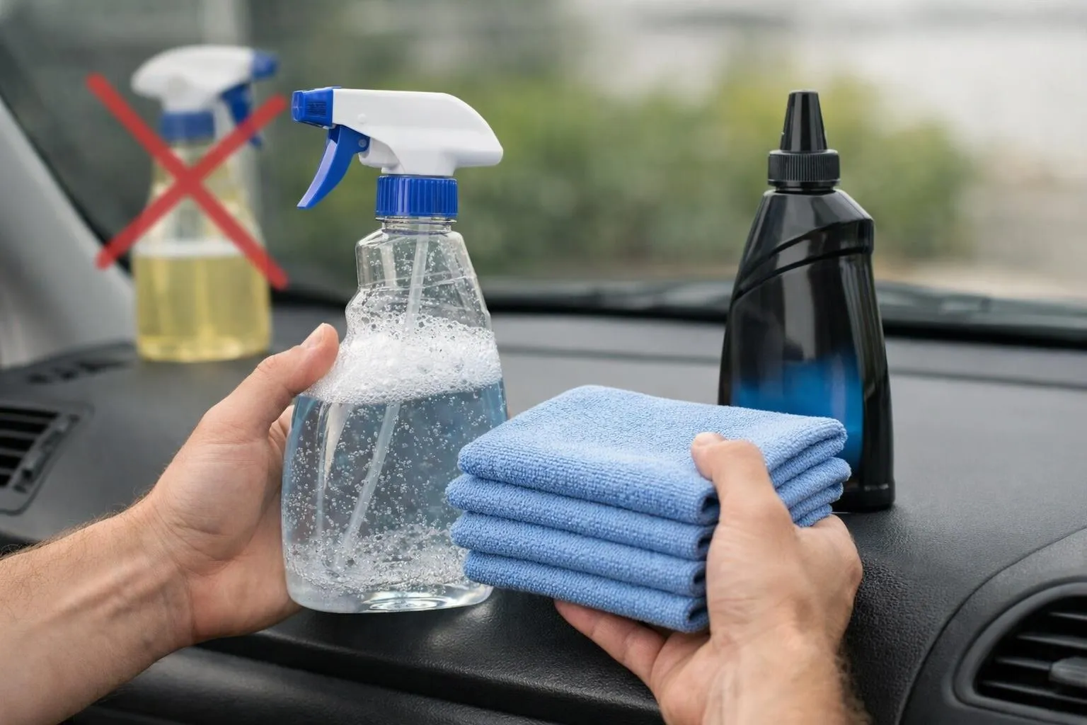 Produits de nettoyage pour voiture, chiffons de microfibre, bouteille de vaporisateur.