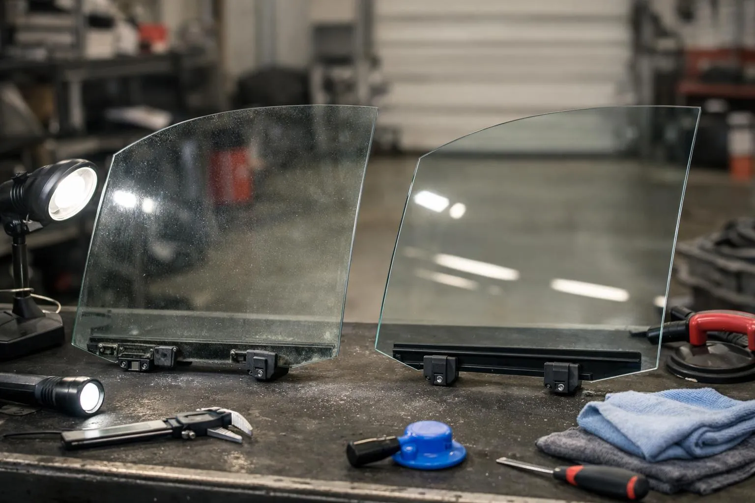 Professional automotive technician comparing two car side window glass panels side by side in a modern workshop, one labeled as OEM quality and another as aftermarket replacement, with inspection tools on workbench, focused lighting highlighting glass clarity differences, realistic photography style, no text or labels visible in image