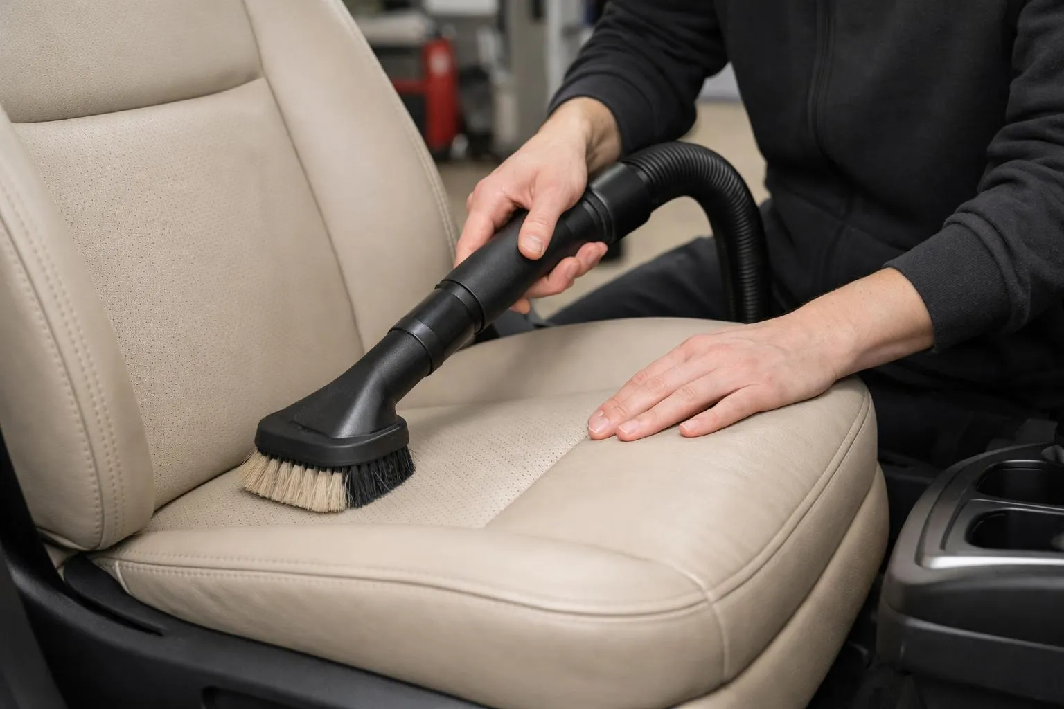Close-up of person carefully vacuuming beige leather car seat with soft brush attachment in a well-lit garage, showing gentle technique and attention to detail