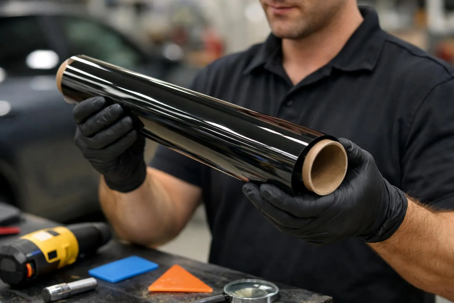 Professional automotive technician holding a roll of premium certified window tint film in a clean installation bay, with visible certification labels on the film roll and inspection tools on a workbench, natural workshop lighting