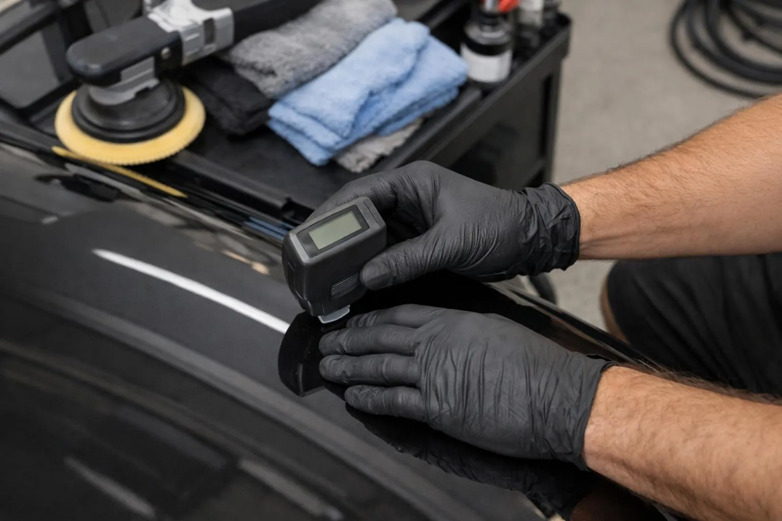 Professional car detailer in Lausanne workshop inspecting paint depth with digital gauge tool before polishing operation, serious craftsman measuring paint thickness on luxury vehicle hood, close-up of measuring device showing precise readings, professional automotive detailing environment