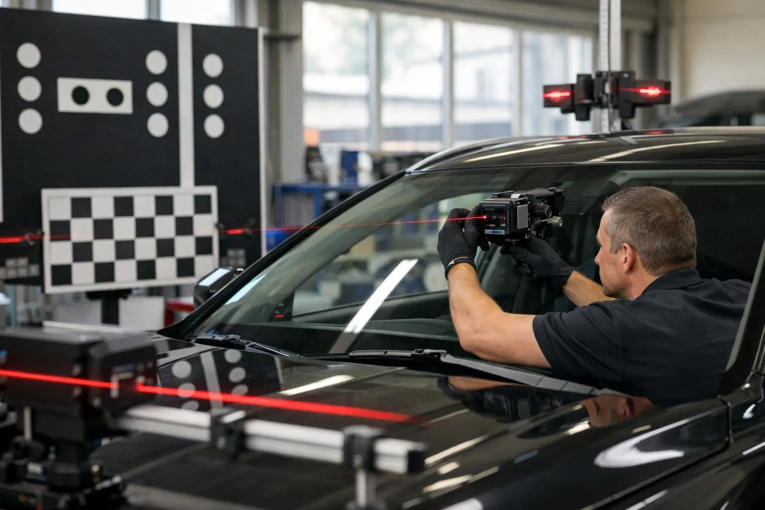 Homme effectuant des tests de sécurité sur un véhicule dans un atelier.